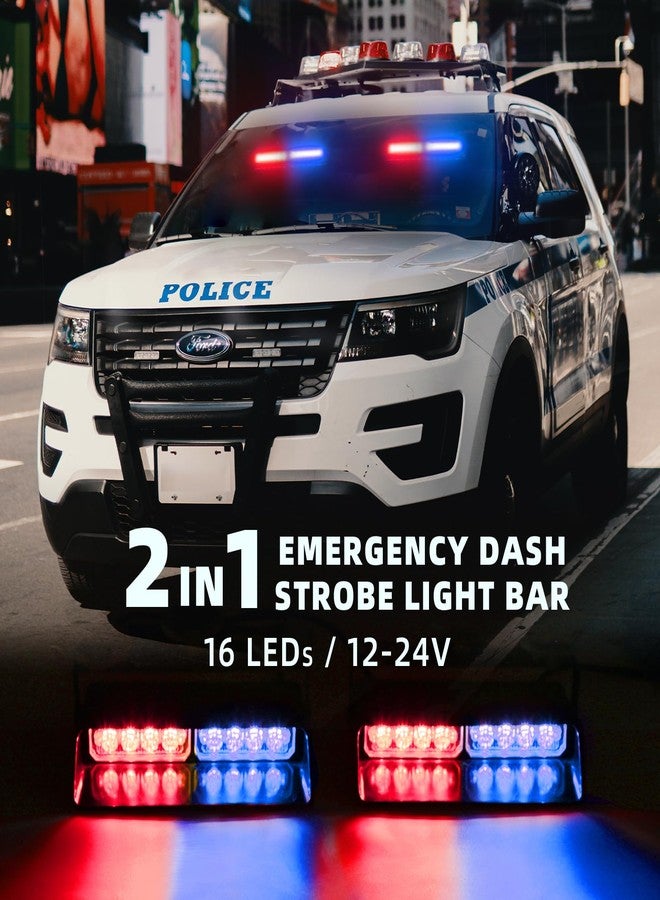 PKINGLAKE 2 in 1 LED Emergency Dash Strobe Light Bar Front/Rear Windshield Safety Flashing Warning Hazard Interior Lights for Police Firefighter Construction Vehicles Trucks (2x7.5 inch, Blue/Red) - Image 2