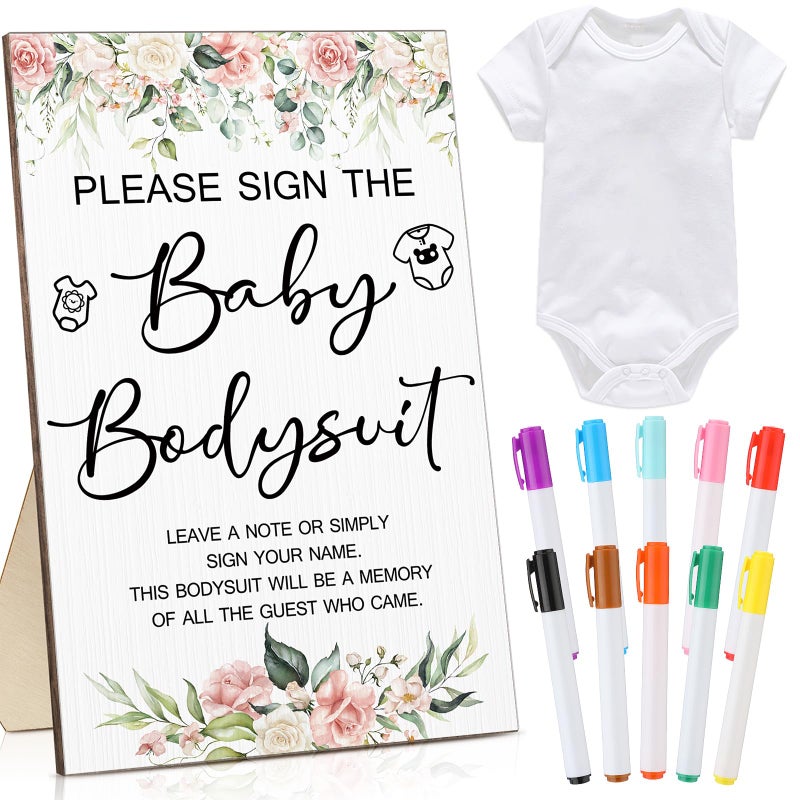 Qunclay 12 Pcs Baby Shower Game Party Favors with White Unisex Bodysuit Wooden Sign Tabletop Decor and Marker for GuestsFloral