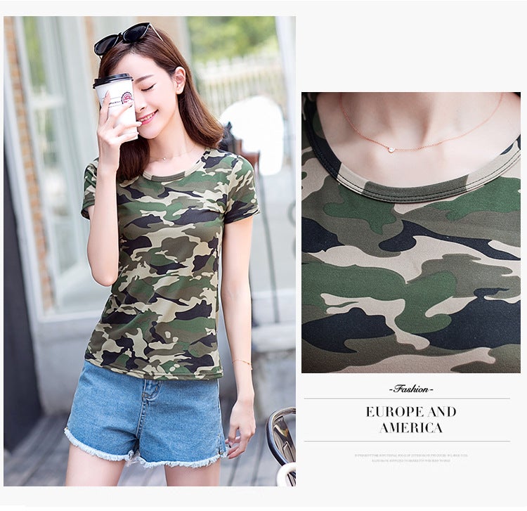 Harajuku style loose camouflage short-sleeved T-shirt female Korean style student T-shirt girlfriends wear women's clothing - Image 4