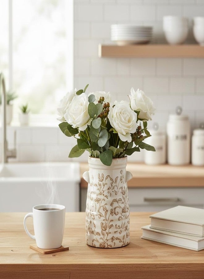 SIDUCAL Ceramic Rustic Vase with 2-Ear, 7.6 Inch Ice Cracked Vintage Pastoral Vase, Rustic Farmhouse Vases for Home Decor, Table, Living Room, Shelf Decor, Chinoiserie Decor, Brown Floral Pattern - Image 5