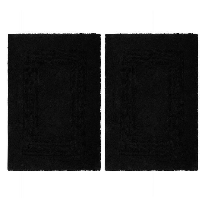 LUXURIOUS BATH MAT RUG SET OF 2 REVERSIBLE HEAVYWEIGHT STEP OUT BATH MATS FOR BATHROOM FLOOR TUB AND SHOWER PURE COTTON SOFT PLUSH ABSORBENT TUFTED RACETRACK MAT 17X24 INCH BLACK