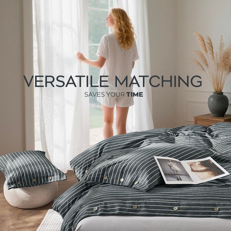 JELLYMONI Cotton Duvet Cover Twin Size - Gray Pinstriped Comforter Cover with Button 100% Washed Cotton 2PCS Breathable Soft Solid Bedding Set Duvet Cover 68×90in & 1 Pillowcase (NO Comforter) - Image 5