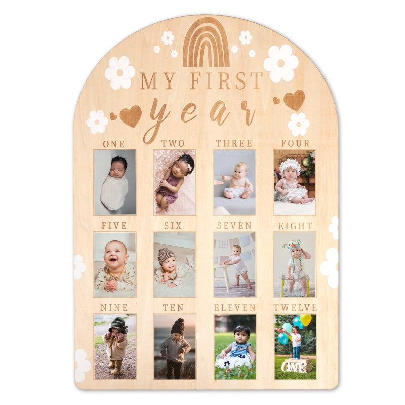 PEUTIER PEUTIER Baby Picture Frame My First Year Photo Display Wood Board Personalized 12 Months Newborn Photo Frame for Boy Girl Baby Birthday Nursery Decorations 