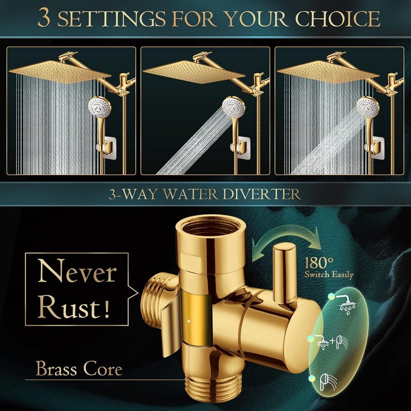 PinWin Shower Head,12'' Rain Shower Head with 11'' Adjustable Extension Arm and 5 Settings High Pressure Handheld Shower Head Combo,Powerful Shower Spray Against Low Pressure Water-Brushed Gold - Image 3