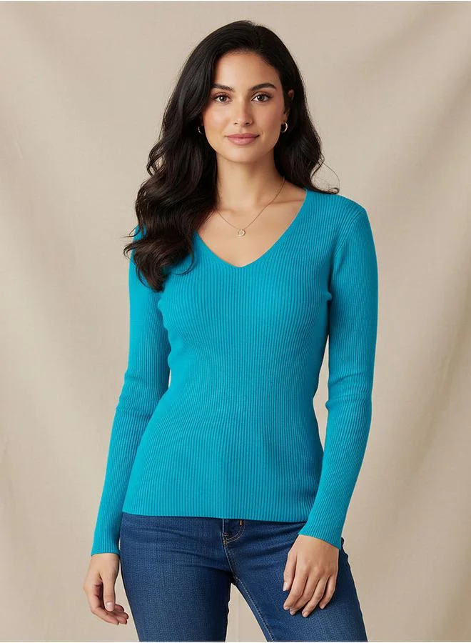 2Xtremz 2Xtremz Regular Fit Ribbed V-neck Tricot Sweater