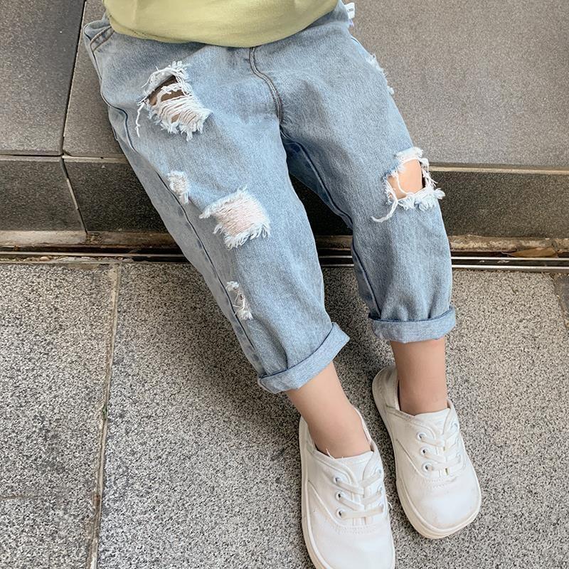 Children'S Summer Ripped Jeans Boys' Pants Children'S Baby Loose Cropped Girls' Thin Trousers - Image 1