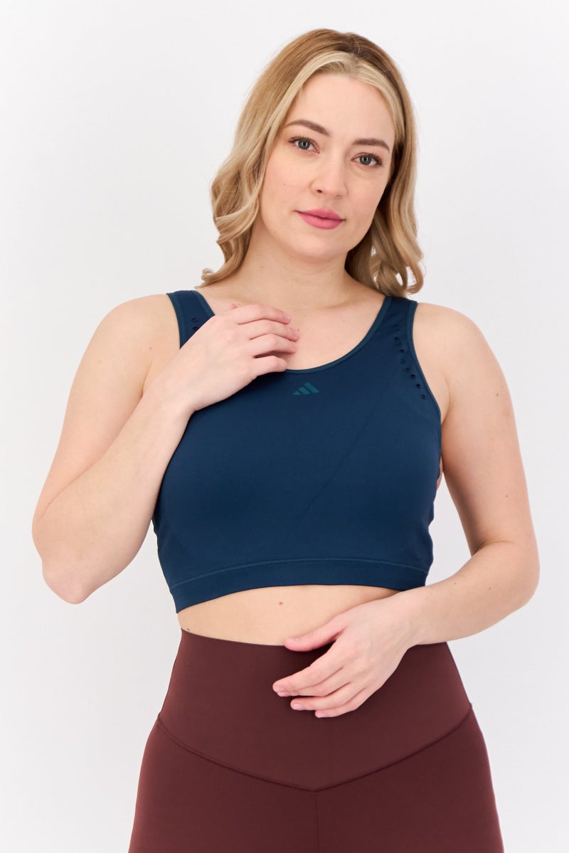 Adidas حمالة صدر رياضية مبطنة بشعار العلامة التجارية للنساء، أخضر داكن - Image 1