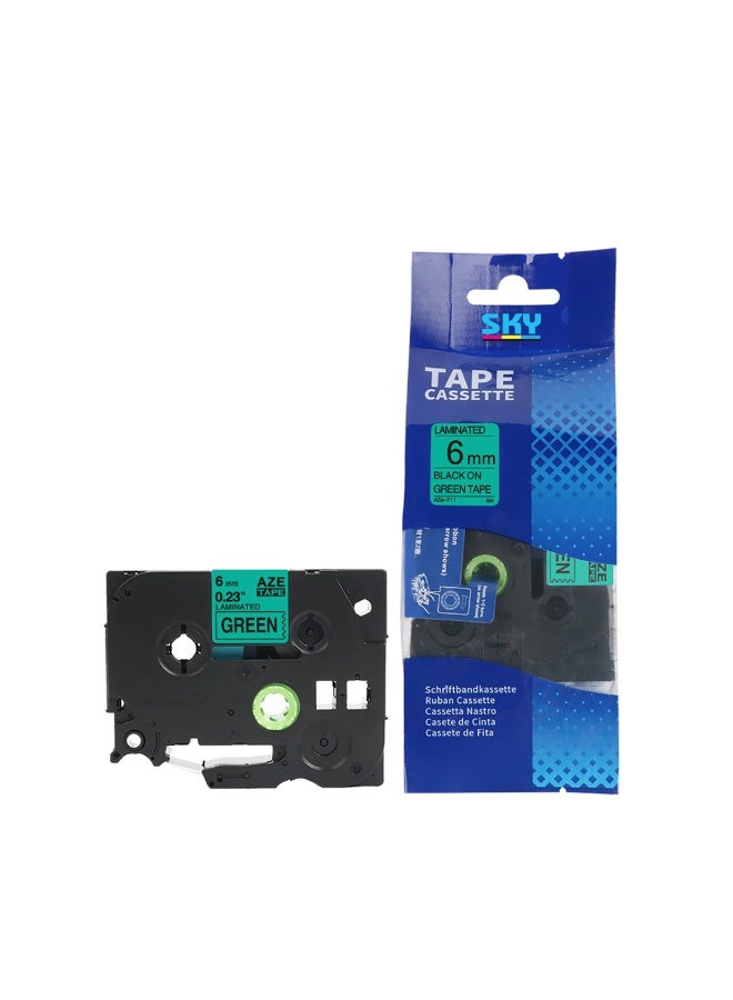 6 mm x 8 meter Black on Green AZE Label Tape Cartridge for P-Touch Label Printers