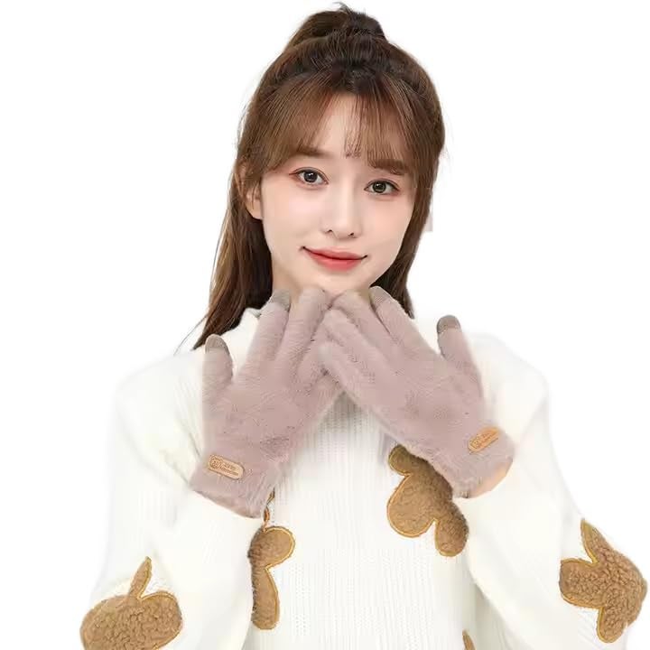 THE DDS STORE Winter Gloves Knitted Gloves Winter Warm Thick Touch Screen Fur Gloves Solid Mittens for Mobile Phone Tablet Pad Women's Cashmere Wool Glove Warm Gloves (Khaki, Free) - Image 1