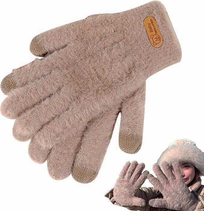 THE DDS STORE Winter Gloves Knitted Gloves Winter Warm Thick Touch Screen Fur Gloves Solid Mittens for Mobile Phone Tablet Pad Women's Cashmere Wool Glove Warm Gloves (Khaki, Free) - Image 2