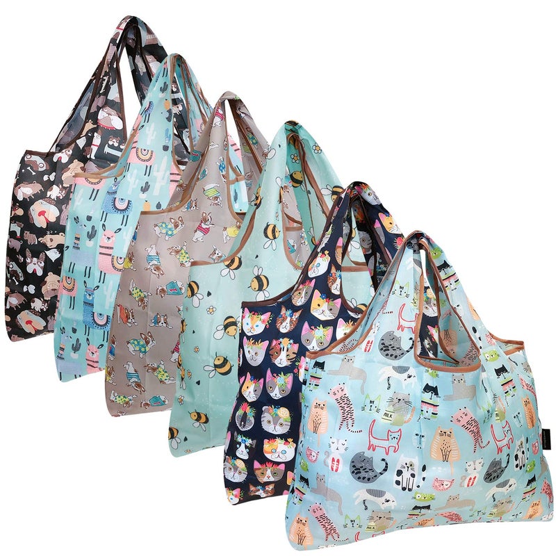 allydrew Large Foldable Tote Nylon Reusable Grocery Bags 6 Pack Animals Oh My