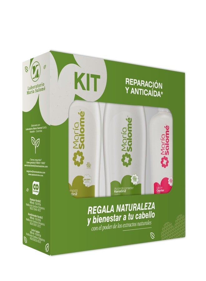Maria Salome Keratin2 Hair Repair and Loss Prevention kit of Shampoo 13.5 fl.oz. - Conditioner 13.5fl.oz. - Lotion 11.8 fl.oz. Natural Products for Thinning Hair - Image 1