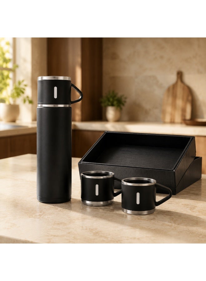 vsell24 500ml Double Layer Stainless Steel Vacuum Insulated Coffee Tumbler Travel Mug Set with 2 Cups, Black - Image 1