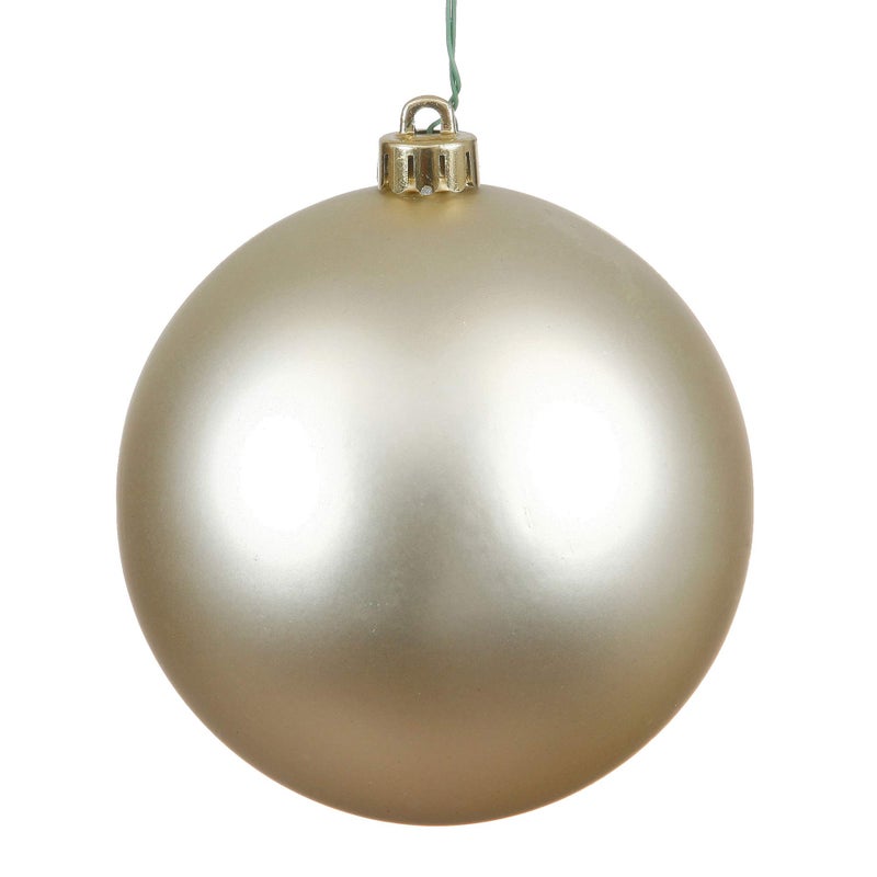 Vickerman 6"" Champagne Matte Ball Ornament - 4 Ornaments per Bag - Shatterproof Plastic - Reliable and Durable Hanging - Matte Finish Ornaments - Unique Ornaments - Image 1