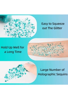 MEICOLY MEICOLY Teal Body Glitter, Mermaid Face Glitter Gel for Halloween, Paint, Dazzle Green Chunky Glitter for Body Eye Lip Hair, Sparkling Holographic Gel Makeup for Women and Kids  - Image 4