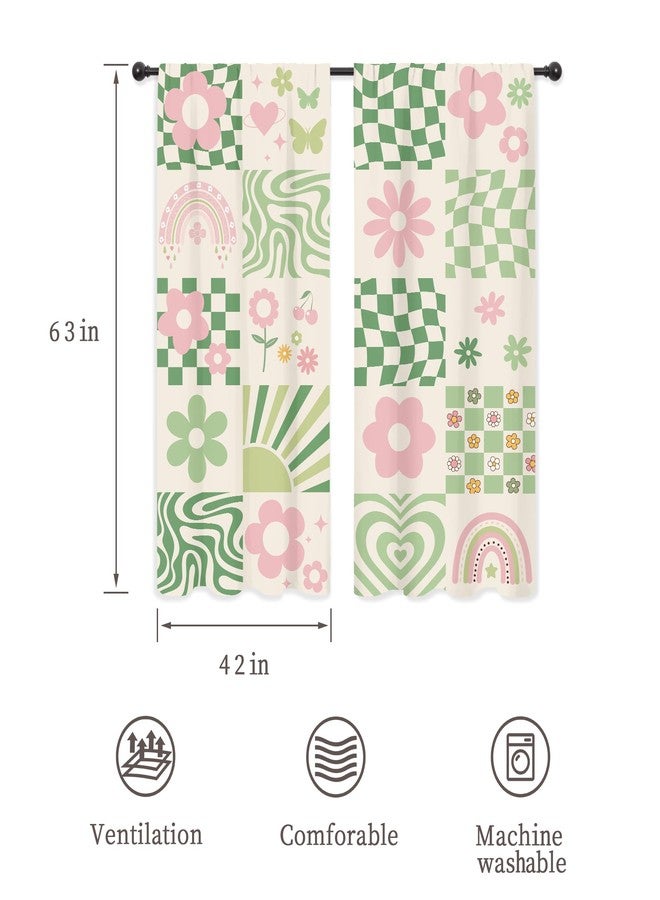 ريديكور ستائر رييديكور بنقشة مربعات وردية وخضراء بألوان الباستيل، بتصميم تجريدي مستوحى من السبعينيات، بنمط مربعات قوس قزح أنيق، مزودة بجيب للعمود، مناسبة لغرف نوم النساء والفتيات، غرفة المعيشة، مصنوعة من القماش، قطعتان، 42 بوصة عرض × 63 بوصة ارتفاع - Image 2