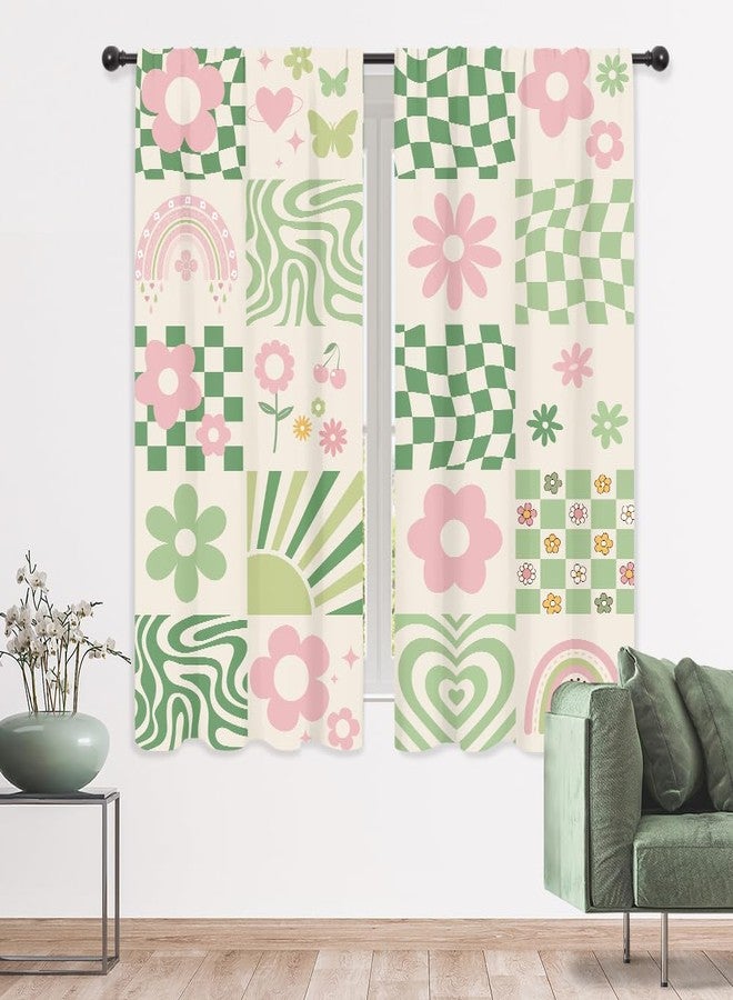 ريديكور ستائر رييديكور بنقشة مربعات وردية وخضراء بألوان الباستيل، بتصميم تجريدي مستوحى من السبعينيات، بنمط مربعات قوس قزح أنيق، مزودة بجيب للعمود، مناسبة لغرف نوم النساء والفتيات، غرفة المعيشة، مصنوعة من القماش، قطعتان، 42 بوصة عرض × 63 بوصة ارتفاع - Image 4