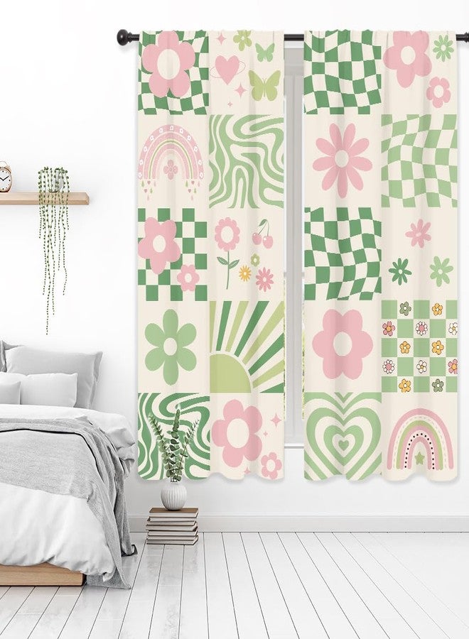 ريديكور ستائر رييديكور بنقشة مربعات وردية وخضراء بألوان الباستيل، بتصميم تجريدي مستوحى من السبعينيات، بنمط مربعات قوس قزح أنيق، مزودة بجيب للعمود، مناسبة لغرف نوم النساء والفتيات، غرفة المعيشة، مصنوعة من القماش، قطعتان، 42 بوصة عرض × 63 بوصة ارتفاع - Image 1