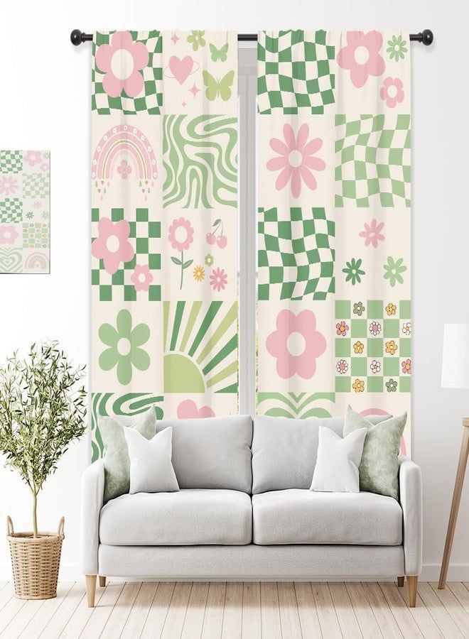 ريديكور ستائر رييديكور بنقشة مربعات وردية وخضراء بألوان الباستيل، بتصميم تجريدي مستوحى من السبعينيات، بنمط مربعات قوس قزح أنيق، مزودة بجيب للعمود، مناسبة لغرف نوم النساء والفتيات، غرفة المعيشة، مصنوعة من القماش، قطعتان، 42 بوصة عرض × 63 بوصة ارتفاع - Image 3