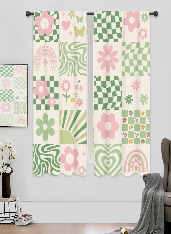ريديكور ستائر رييديكور بنقشة مربعات وردية وخضراء بألوان الباستيل، بتصميم تجريدي مستوحى من السبعينيات، بنمط مربعات قوس قزح أنيق، مزودة بجيب للعمود، مناسبة لغرف نوم النساء والفتيات، غرفة المعيشة، مصنوعة من القماش، قطعتان، 42 بوصة عرض × 63 بوصة ارتفاع - Image 5