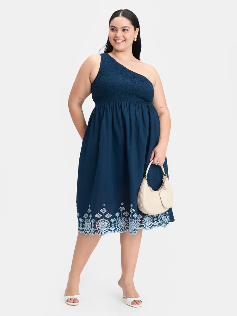 Virgio Embroidered Cotton Embroidered One-Shoulder Plus Size Dress for Women