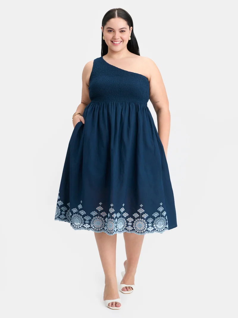 Virgio Embroidered Cotton Embroidered One-Shoulder Plus Size Dress for Women