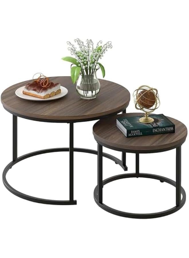 HOOKOR Coffee Table Nesting Set of 2 Round End Table Accent Side Stacking Tables with Sturdy Metal Frame, Modern Living Room Table Sets Industrial Nightstand, Sturdy and Easy Assembly - Image 1
