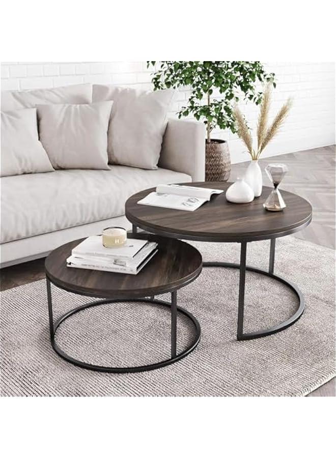 HOOKOR Coffee Table Nesting Set of 2 Round End Table Accent Side Stacking Tables with Sturdy Metal Frame, Modern Living Room Table Sets Industrial Nightstand, Sturdy and Easy Assembly - Image 2