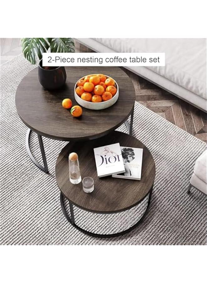 HOOKOR Coffee Table Nesting Set of 2 Round End Table Accent Side Stacking Tables with Sturdy Metal Frame, Modern Living Room Table Sets Industrial Nightstand, Sturdy and Easy Assembly - Image 4