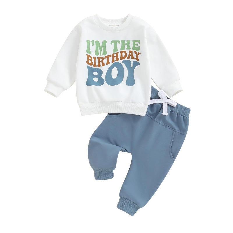 Kayotuas Baby Boy Birthday Outfit Toddler Fall Clothes Infant Birthday Boy Shirt & Pants Set Cute 2 Piece Cake Smash Outfits, Blue I'm the Birthday Boy, 2-3 years - Image 1
