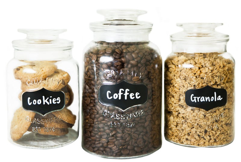 Mekbok Kitchen Round Clear Glass Airtight Lids Chalkboard Canister Jar (Set of 3) with 3 Stick on Labels and Chalk Small - Image 1