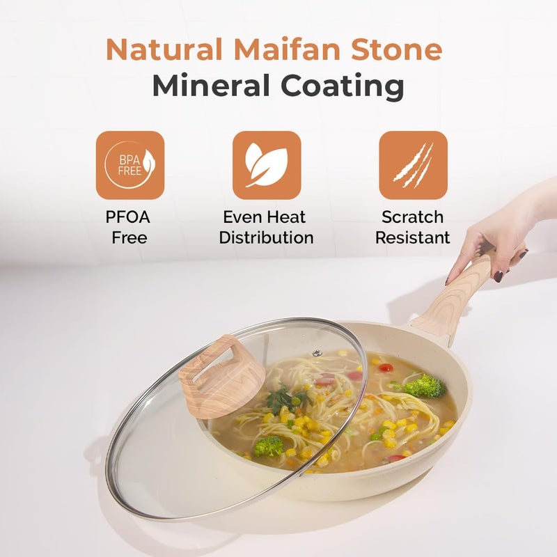 Home Essentials Maifan Stone Non-Stick Frying Pan with Lid 28CM, 3L | 5-Layer Non-Stick Coating | Induction Base | Dishwasher Safe | Medical Stone Cookware | Ideal for Eggs, Stir-Fries & More - Image 3