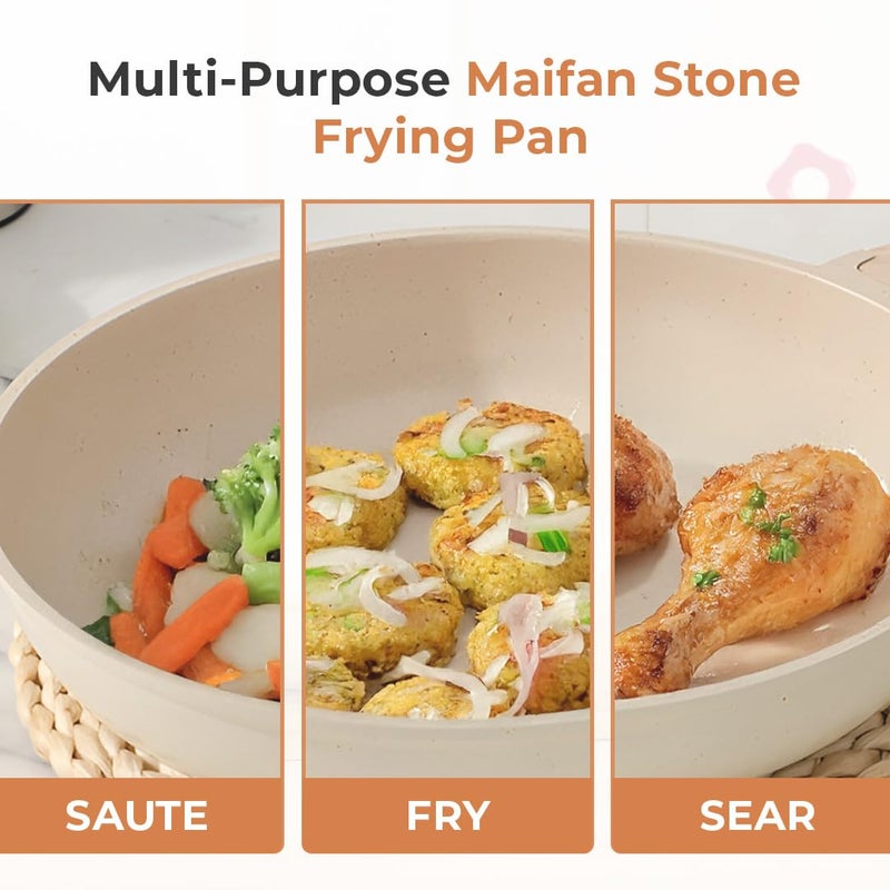 Home Essentials Maifan Stone Non-Stick Frying Pan with Lid 28CM, 3L | 5-Layer Non-Stick Coating | Induction Base | Dishwasher Safe | Medical Stone Cookware | Ideal for Eggs, Stir-Fries & More - Image 5