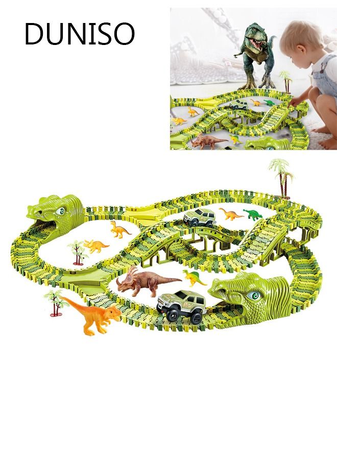 DUNISO Dinosaur Rail Car Toy 268 Pcs Dinosaur Car Race Track Toy with Car Play sets Includes 240 Flexible Train Track 7 Dinosaur and 2 Dinosaur Head Best Gift for Boys Girls - Image 1