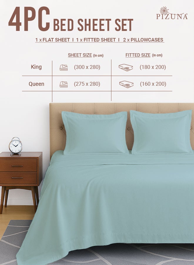 Pizuna Pure Combed Cotton Bed Sheet Set Queen Size Baby Blue, 400 Thread Count Cozy Luxury 100% Long Staple Cotton Sateen Weave Bedsheets Set (1 Flat Sheet, 1 Fitted Sheet, 2 Pillowcases) - Image 3
