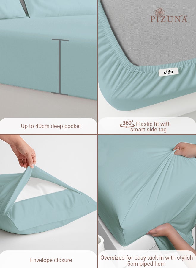 Pizuna Pure Combed Cotton Bed Sheet Set Queen Size Baby Blue, 400 Thread Count Cozy Luxury 100% Long Staple Cotton Sateen Weave Bedsheets Set (1 Flat Sheet, 1 Fitted Sheet, 2 Pillowcases) - Image 4