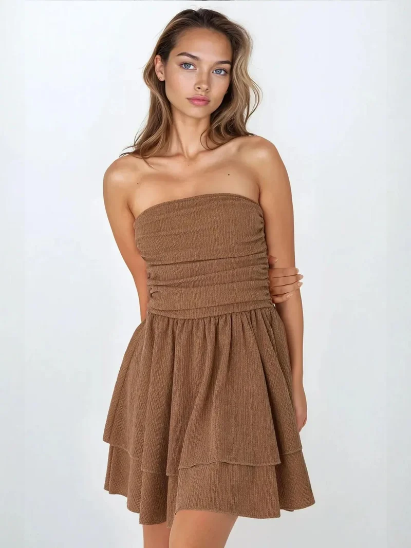 HICCUP Beige Natural Strapless Textured Ruffle Mini Dress for Women | Best Price UAE
