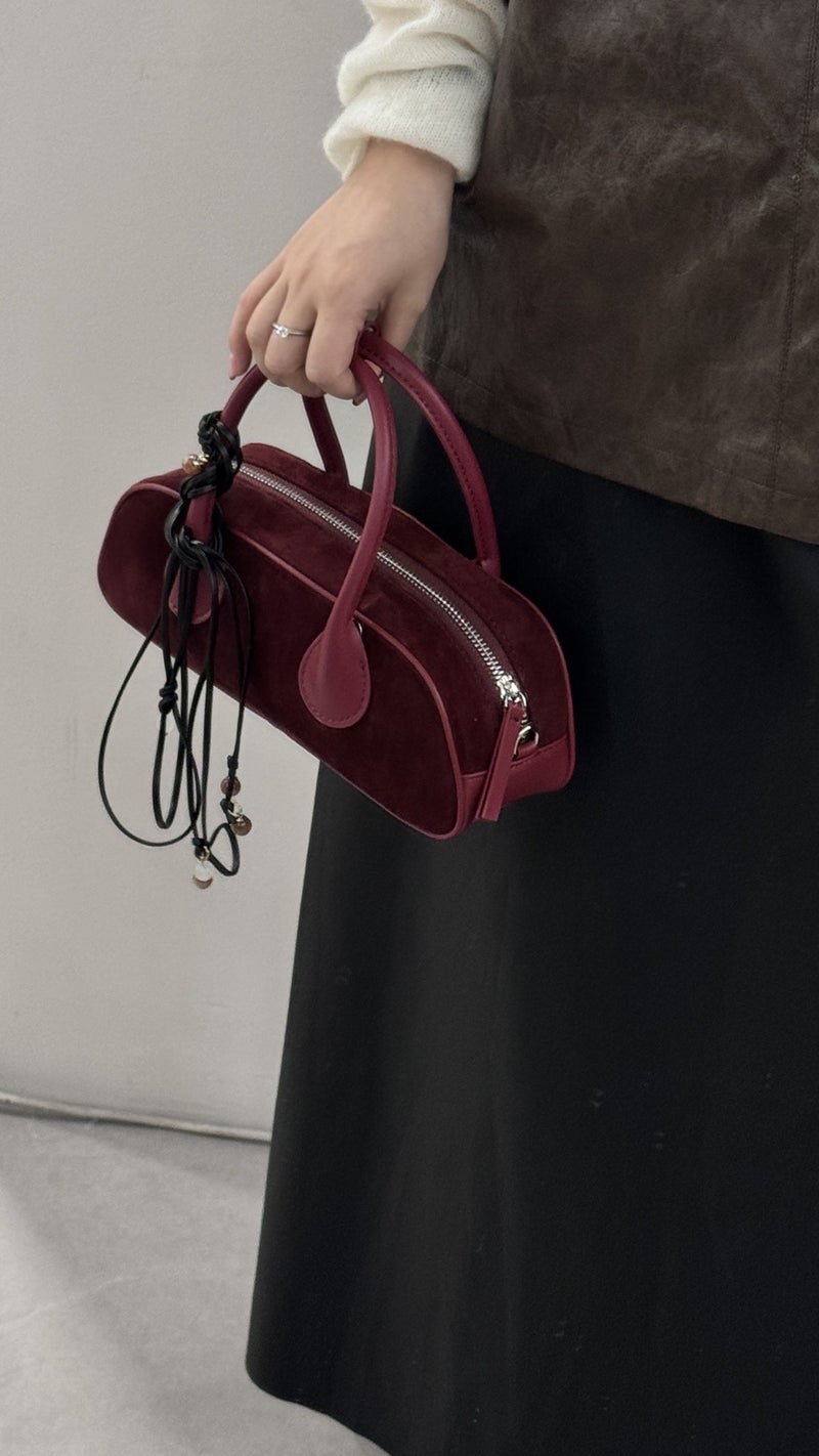 Korean Fashion Suede Boston Bag for Women Bordeaux red