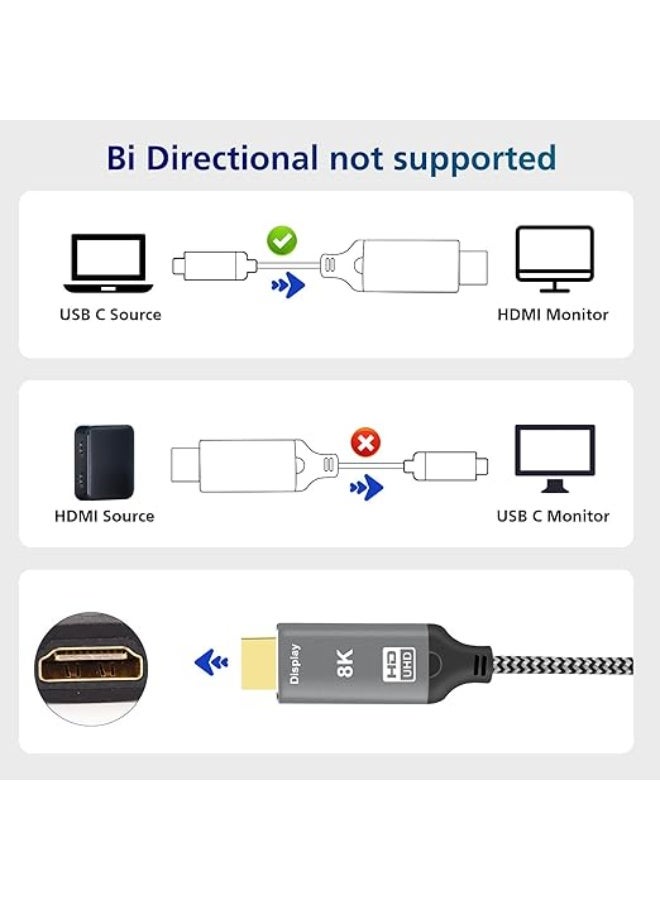 كيبل USB-C إلى HDMI 2.1 بطول 2 متر – سلك مضفر فائق السرعة 48 جيجا/ثانية – يدعم 8K عند 60 هرتز و4K عند 144 هرتز – متوافق مع ثاندربولت واللابتوبات والأجهزة اللوحية والهواتف الذكية - Image 2