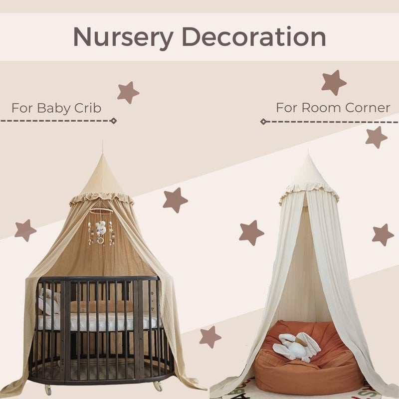 Wonder Space Kids Bed Canopy with Ruffles Pastel Neutral Color for Boys  Girls Frilled Cotton Tent Nursery Room Baby Crib Hanging Curtain Mosquito Netting Children Reading Nook Decoration Ivory - Image 5