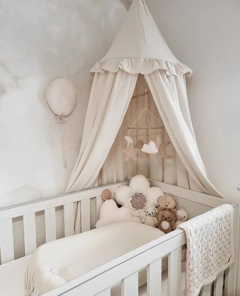 Wonder Space Kids Bed Canopy with Ruffles Pastel Neutral Color for Boys  Girls Frilled Cotton Tent Nursery Room Baby Crib Hanging Curtain Mosquito Netting Children Reading Nook Decoration Ivory - Image 2