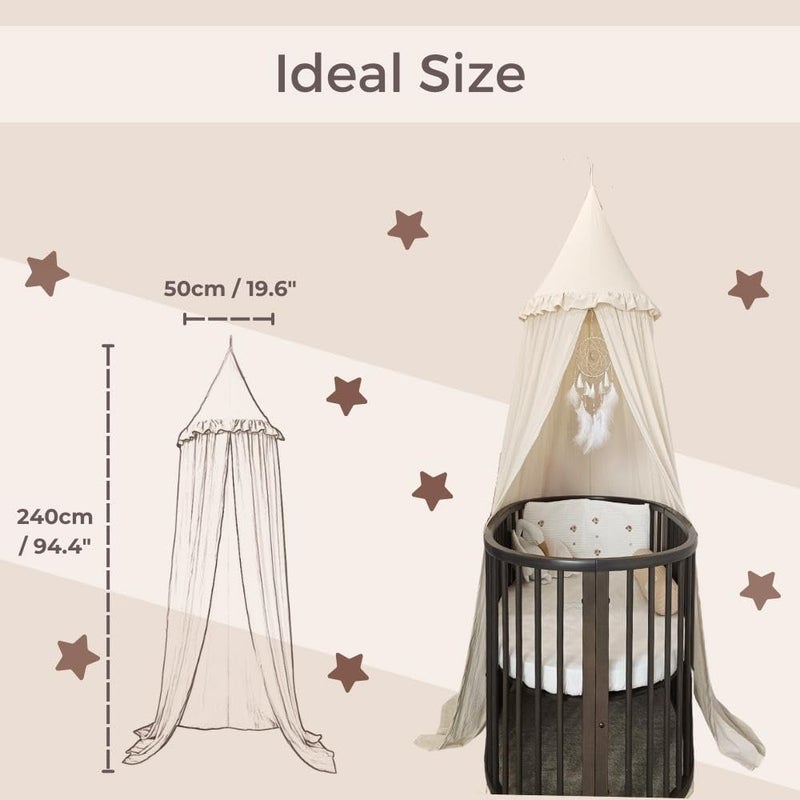 Wonder Space Kids Bed Canopy with Ruffles Pastel Neutral Color for Boys  Girls Frilled Cotton Tent Nursery Room Baby Crib Hanging Curtain Mosquito Netting Children Reading Nook Decoration Ivory - Image 4