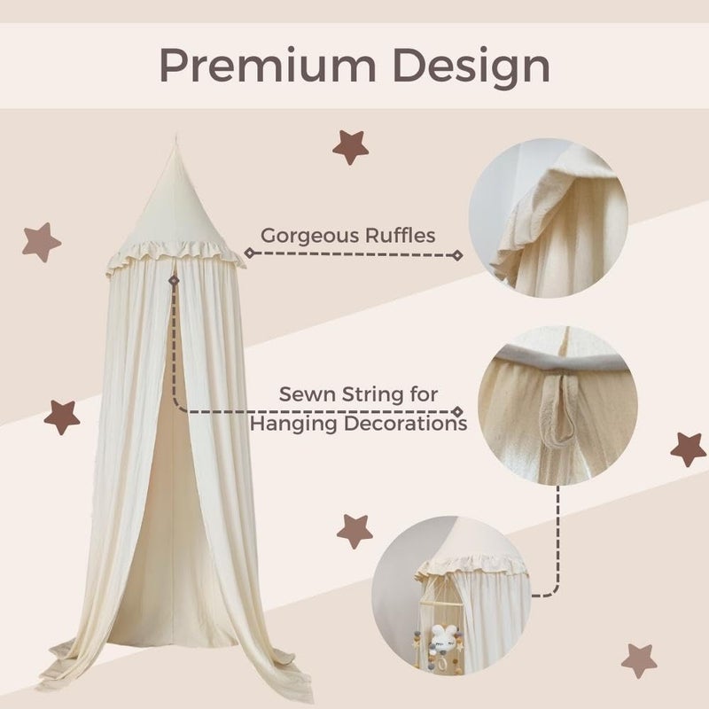 Wonder Space Kids Bed Canopy with Ruffles Pastel Neutral Color for Boys  Girls Frilled Cotton Tent Nursery Room Baby Crib Hanging Curtain Mosquito Netting Children Reading Nook Decoration Ivory - Image 3