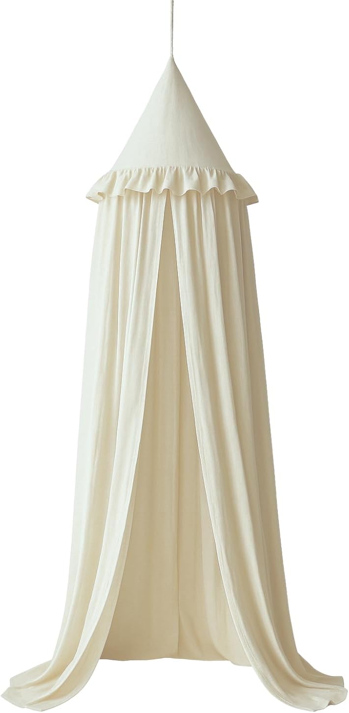 Wonder Space Kids Bed Canopy with Ruffles Pastel Neutral Color for Boys  Girls Frilled Cotton Tent Nursery Room Baby Crib Hanging Curtain Mosquito Netting Children Reading Nook Decoration Ivory - Image 1
