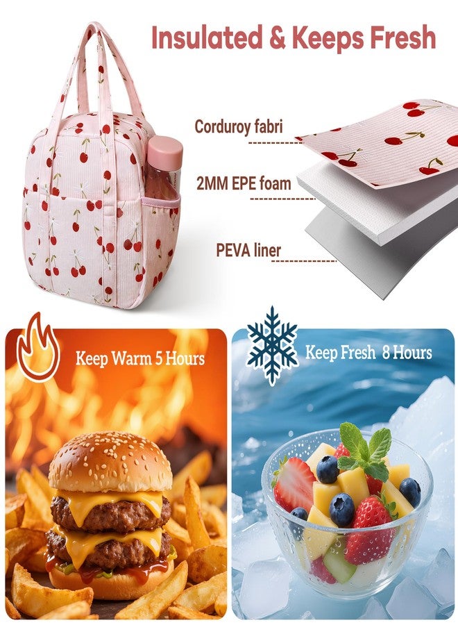 Yarnic Corduroy Lunch Bag Women Men Insulated, Large Lunch Box for Work with Bottle Pockets, Stylish Reusable Cooler Tote for Adults Teachers Picnic Hiking (Cherry Bow) - Image 2