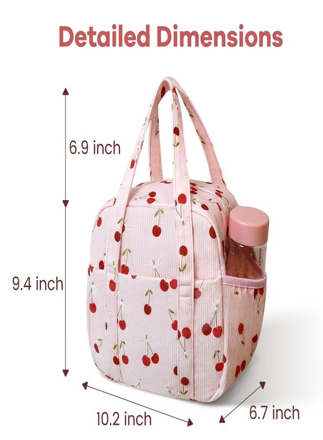 Yarnic Corduroy Lunch Bag Women Men Insulated, Large Lunch Box for Work with Bottle Pockets, Stylish Reusable Cooler Tote for Adults Teachers Picnic Hiking (Cherry Bow) - Image 5