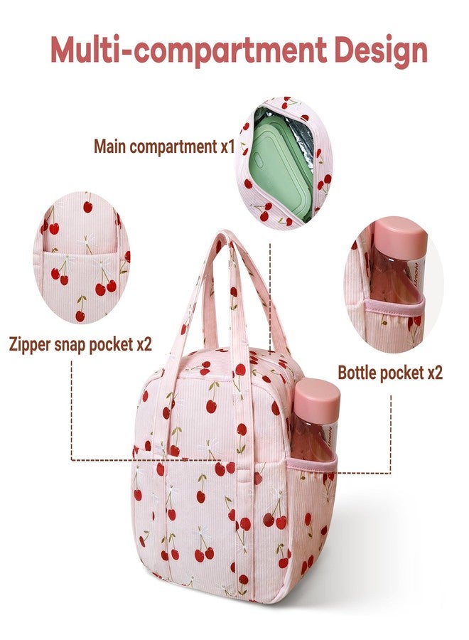 Yarnic Corduroy Lunch Bag Women Men Insulated, Large Lunch Box for Work with Bottle Pockets, Stylish Reusable Cooler Tote for Adults Teachers Picnic Hiking (Cherry Bow) - Image 4