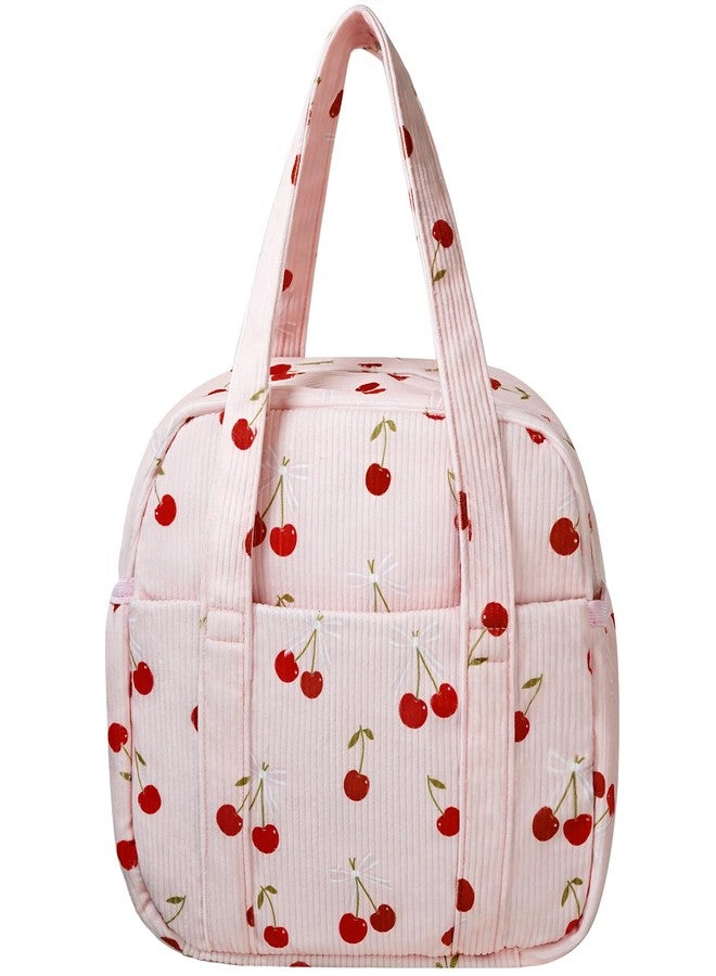 Yarnic Corduroy Lunch Bag Women Men Insulated, Large Lunch Box for Work with Bottle Pockets, Stylish Reusable Cooler Tote for Adults Teachers Picnic Hiking (Cherry Bow) - Image 1