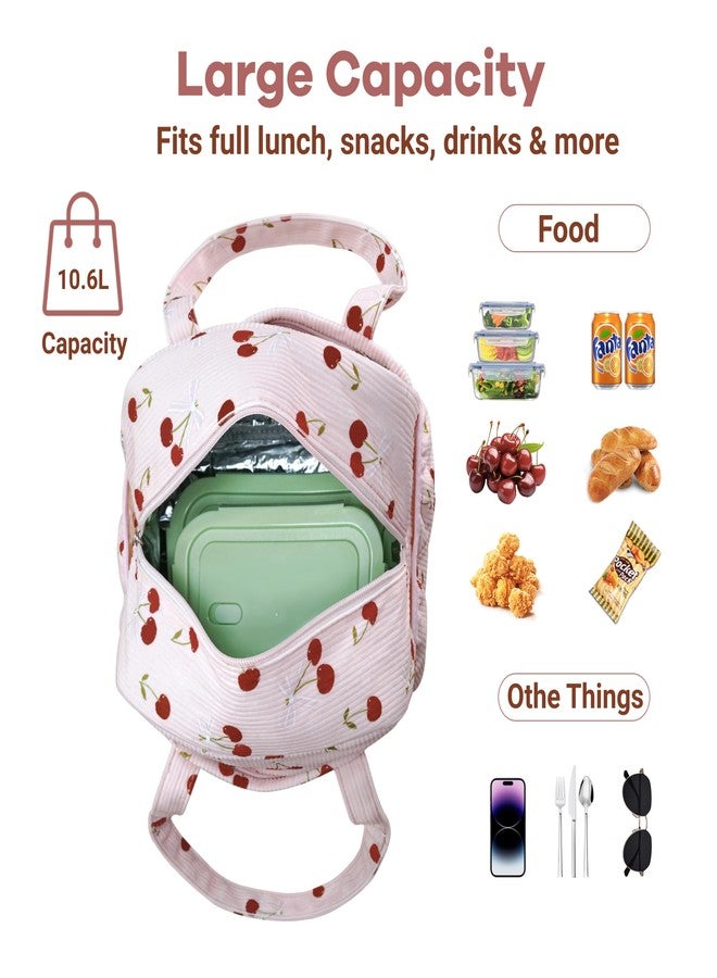 Yarnic Corduroy Lunch Bag Women Men Insulated, Large Lunch Box for Work with Bottle Pockets, Stylish Reusable Cooler Tote for Adults Teachers Picnic Hiking (Cherry Bow) - Image 3