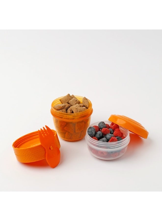 A cup-style lunch box consisting of two cups, equipped with an integrated fork and spoon